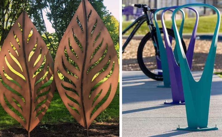 leaf shaped metal sculptures and bike rack