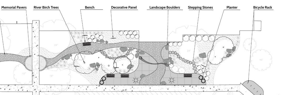 diagram of the front landscape project including new walkway and plants