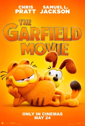 Movie poster for the Garfield movie that features Garfield laying in the foreground with Odie standing behind him