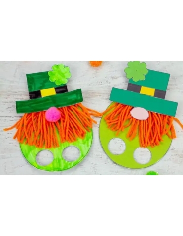 Photo of two red-bearded leprechauns with big green hats