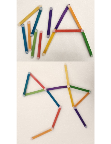 Popsicle sticks with Velcro dots at the ends, stuck together in geometric designs and letters.
