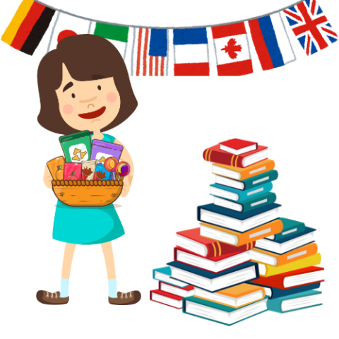 A girl with a basket full of snacks next to a pile of books.