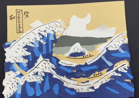 Recreation of Hokusai's The Wave made using torn up pieces of paper