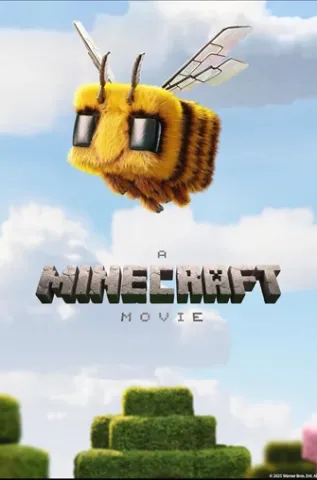 Movie poster for A Minecraft Movie features a minecraft bee flying over the movie's logo with some Minecraft mountains below.
