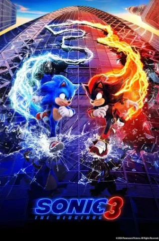 Sonic the Hedgehog 3 movie poster features Sonic on the left and Shadow on the right, both running towards each other to meet in the center of the image.
