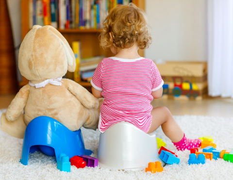 Teddy bear and toddler sitting on child potties, with their backs to the camera.