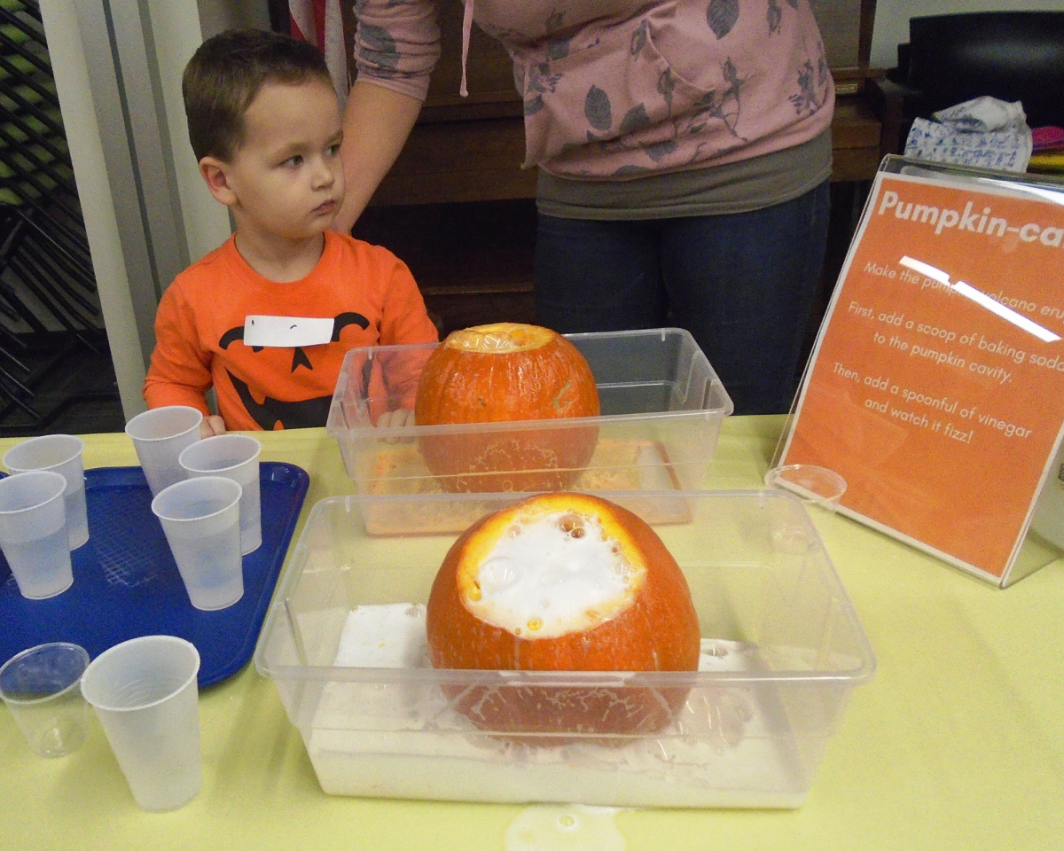 Child with carved-out pumpkins making a baking soda and vinegar pumpkin volcano.