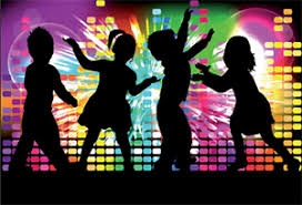 Kids dancing in front of a colored background