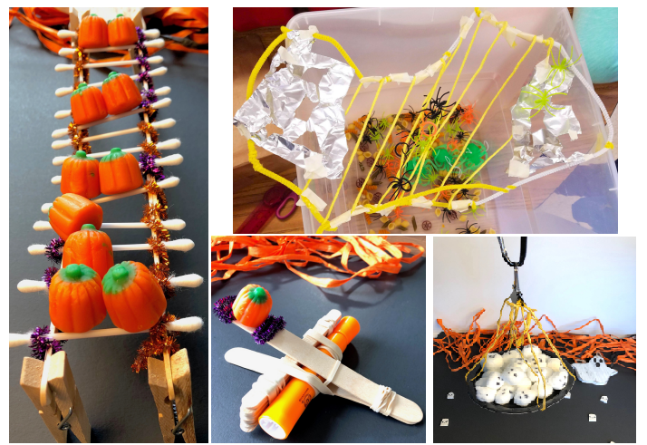 Collage showing various Halloween themed STEM activities